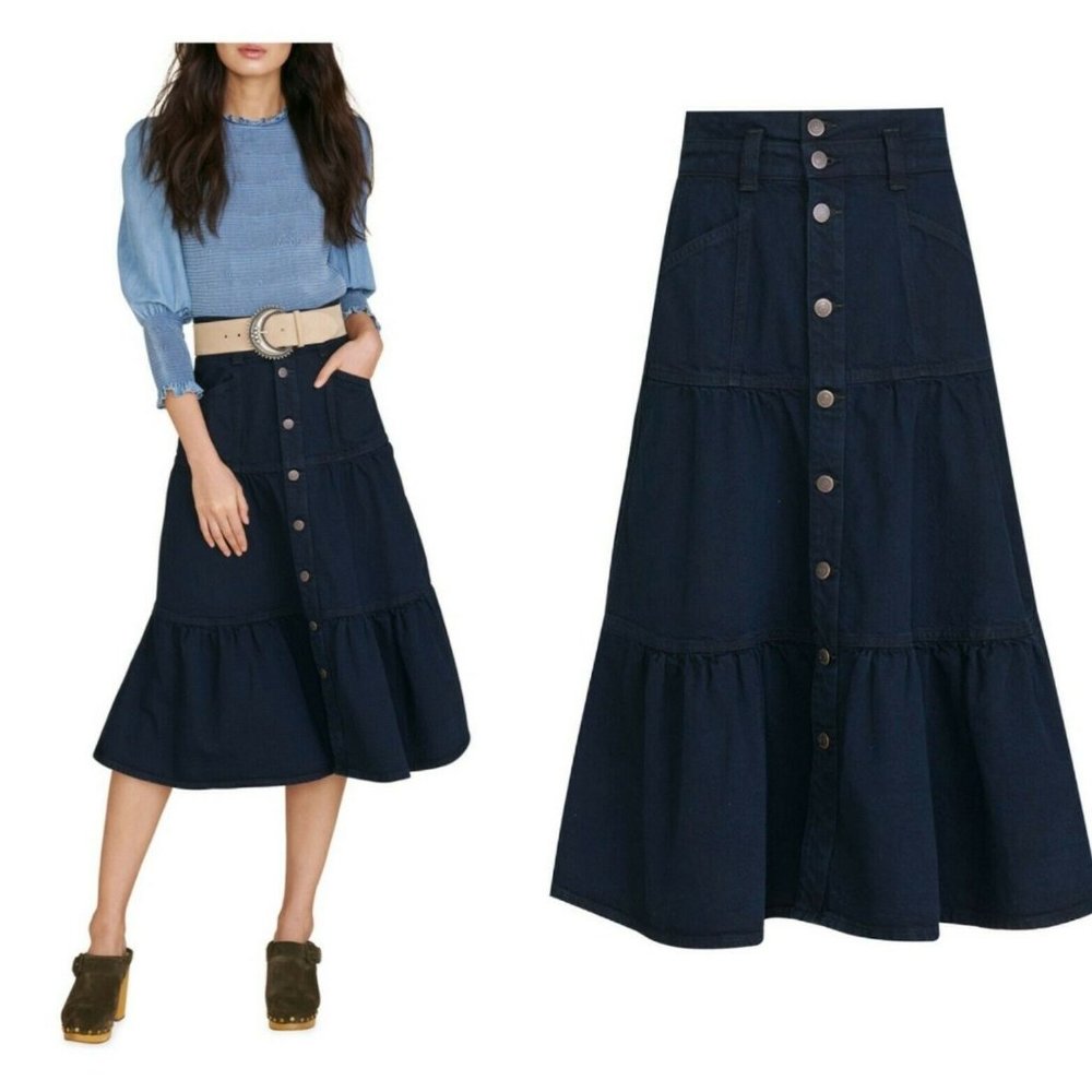 NEW Veronica Beard Lennon Tiered Denim Jean Skirt Size 14 SOLD OUT ONLINE - Picture 1 of 16